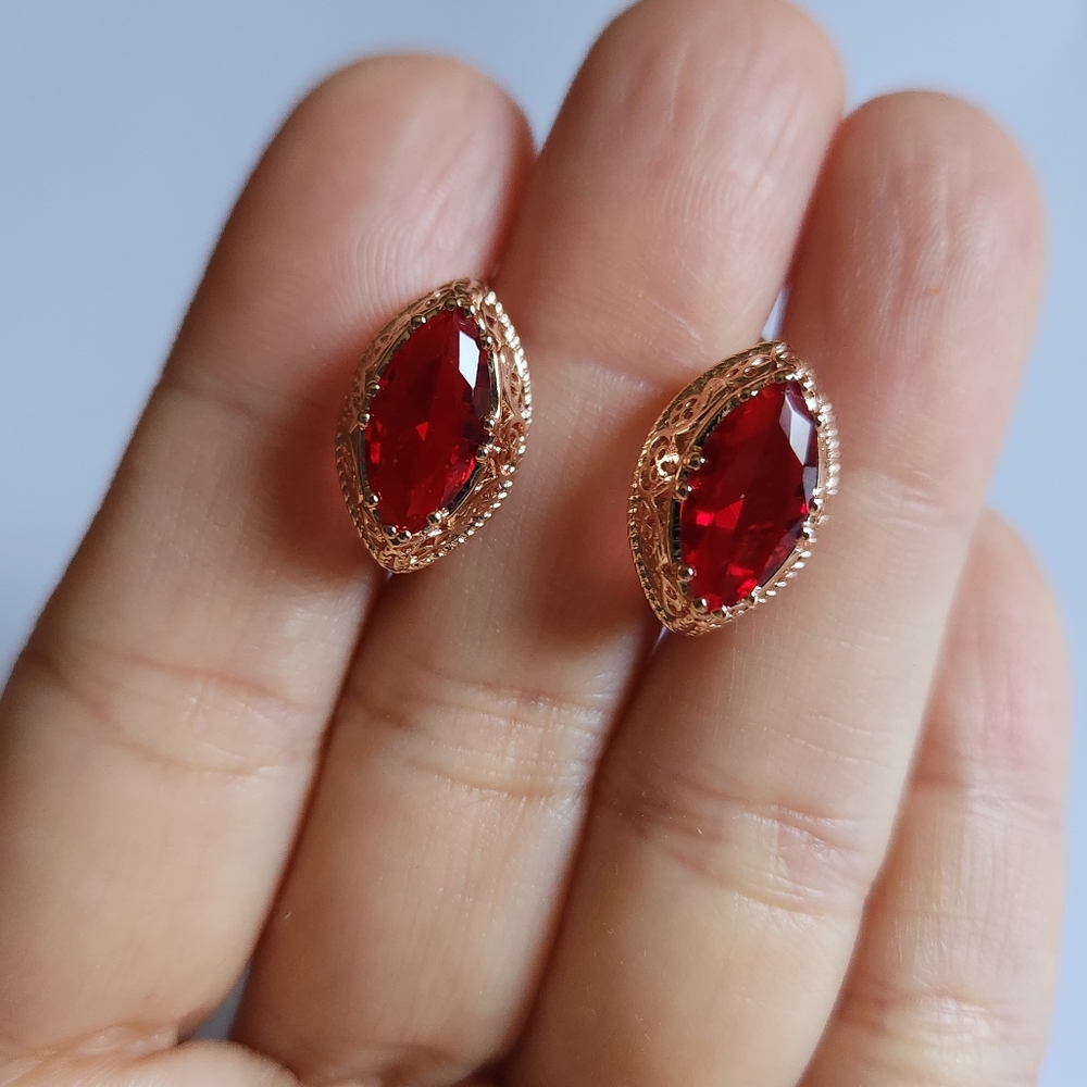 New 14K Gold Plated Marquise Cut Ruby Hoop Earrings for Women